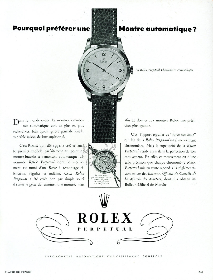 1951 Rolex Perpetual Watch Vintage French Print Ad