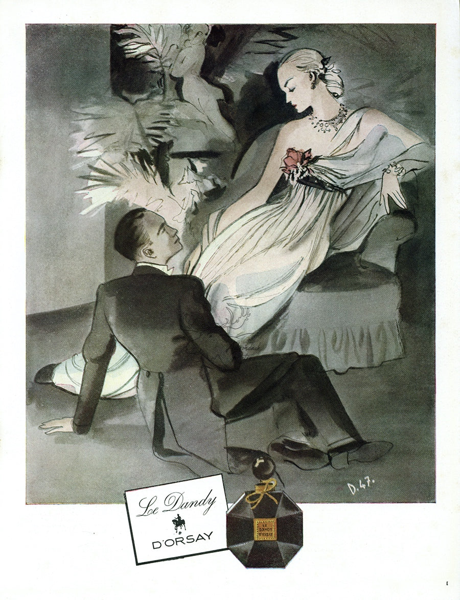 1947 D&#39;Orsay The Dandy Vintage Perfume Ad - Andre Delfau Illustration