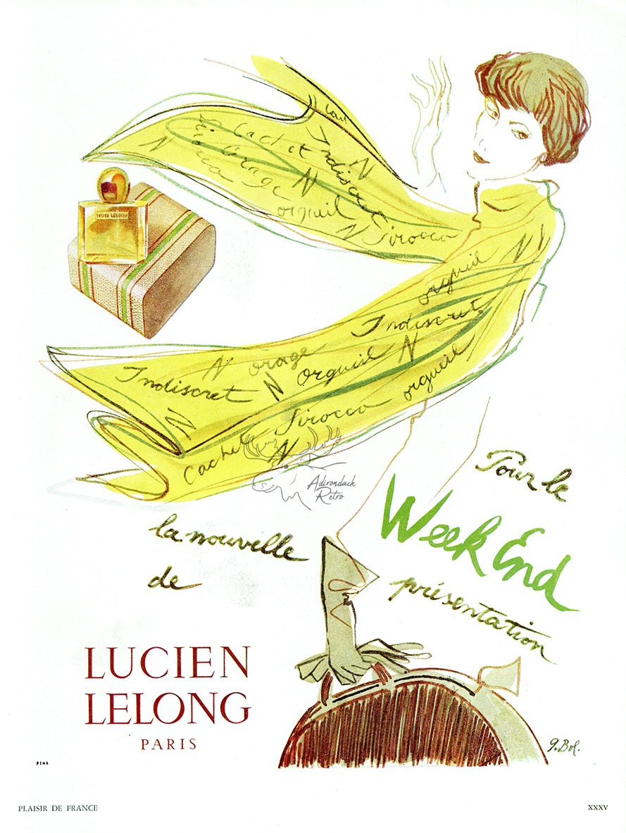 1950 Lucien Lelong Vintage Perfume Ad - G. Bol Illustration