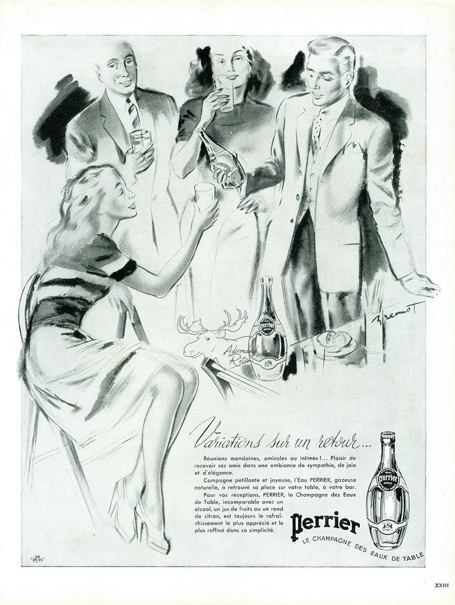1947 Perrier Sparkling Water Vintage Print Ad - Raymond Brenot Illustration