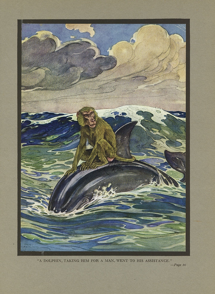 1921 The Monkey And The Dolphin Tipped-In Color Book Plate - Paul Bransom Antique Print