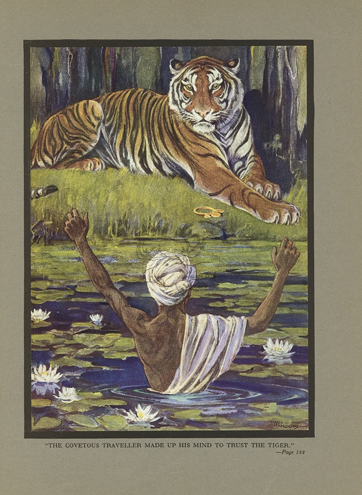 1921 The Tiger And The Traveler Tipped-In Color Book Plate - Paul Bransom Antique Print