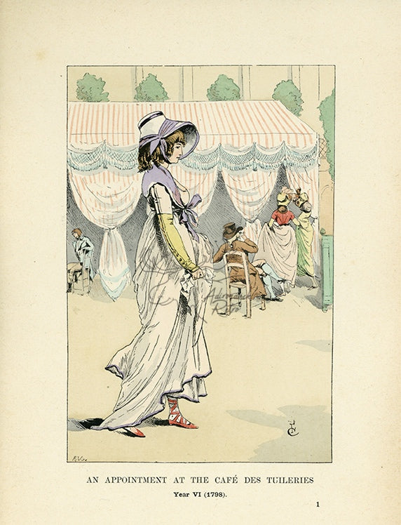 1901 An Appointment At The Cafe Des Tuileries - F. Courboin Hand-Colored Antique Print
