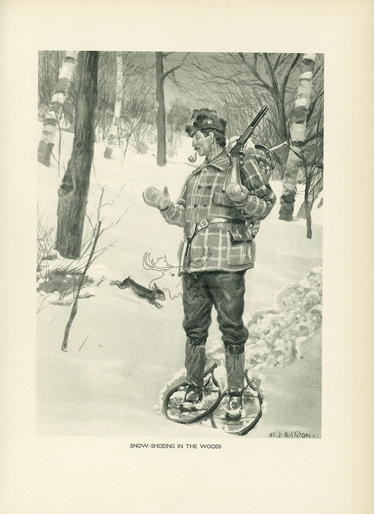1907 &quot;Snow-Shoeing In The Woods&quot; Lithograph - Antique Henry Sumner Watson Hunting Print