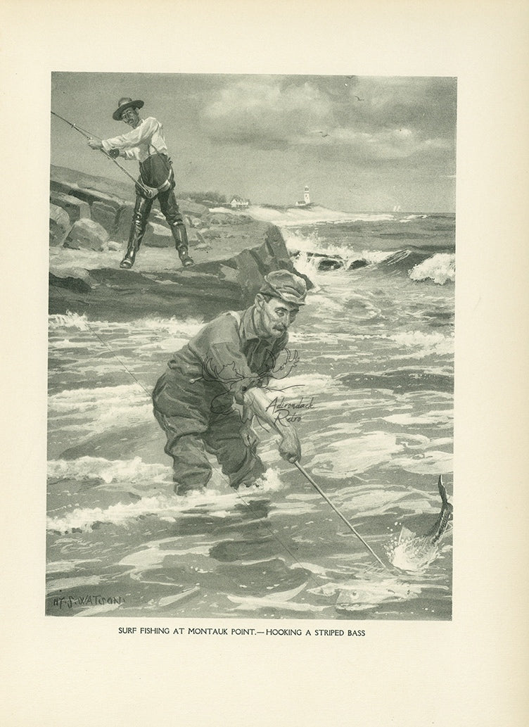1907 &quot;Surf Fishing At Montauk Point&quot; Lithograph - Antique Henry Sumner Watson Fishing Print