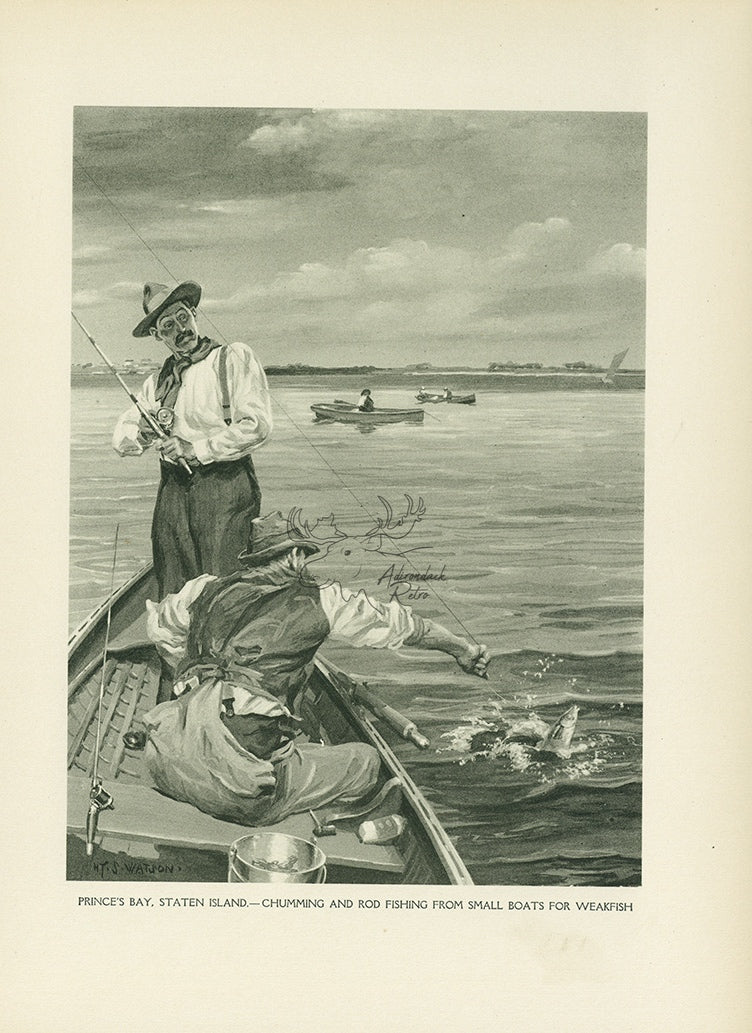 1907 &quot;Prince&#39;s Bay, Staten Island&quot; Lithograph - Antique Henry Sumner Watson Fishing Print