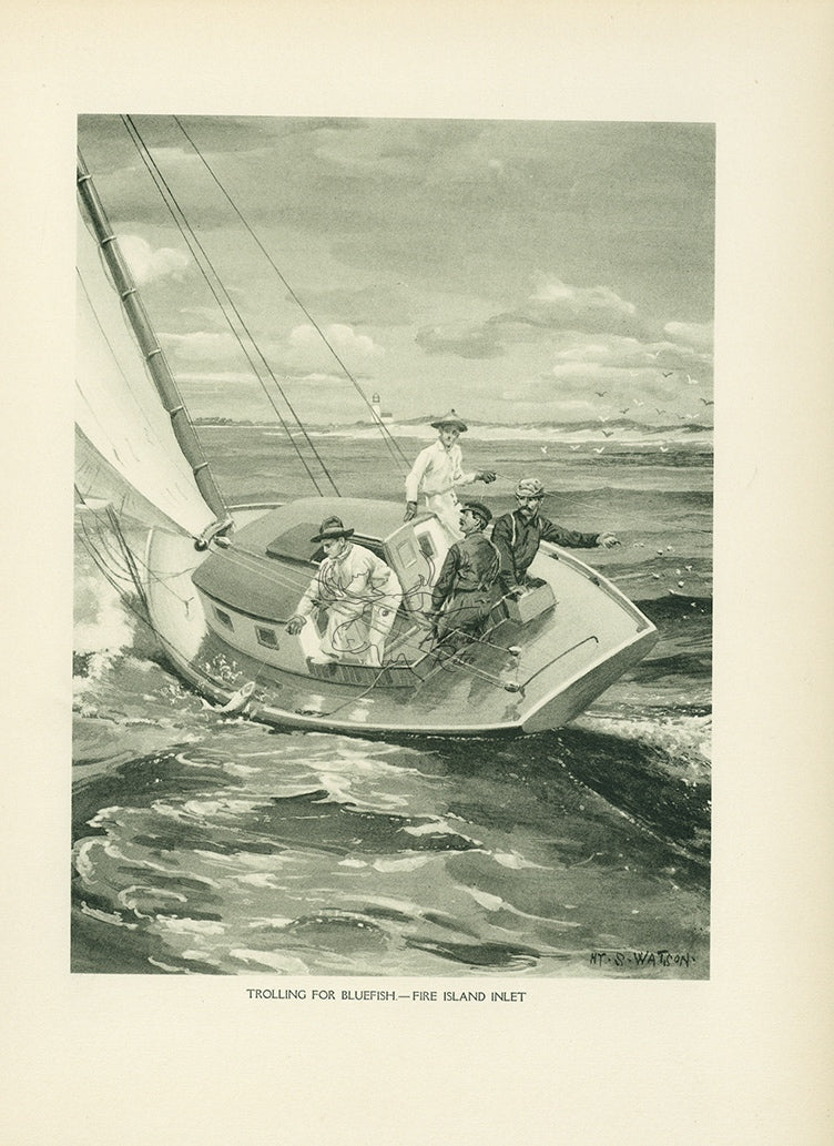 1907 &quot;Trolling For Bluefish - Fire Island Inlet&quot; Lithograph - Antique Henry Sumner Watson Fishing Print