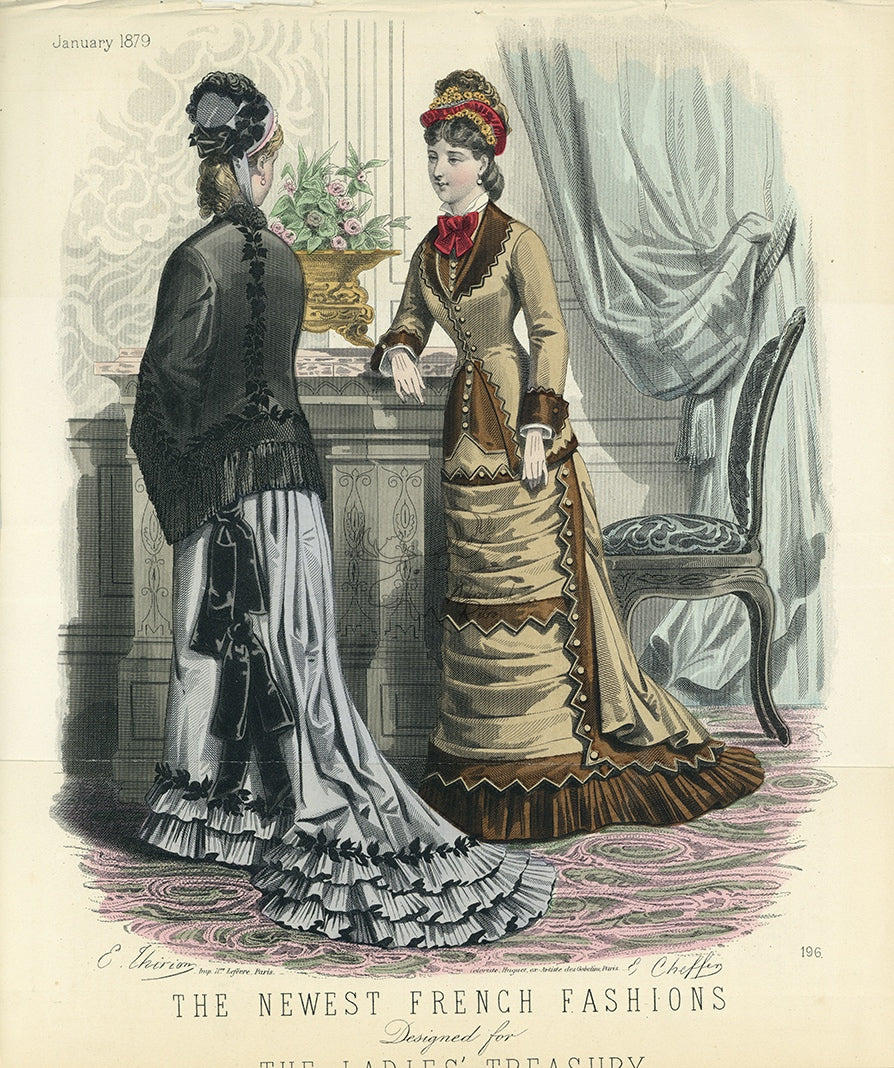 The Newest French Fashions January 1879 Antique Ladies' Treasury Print - Hand-Coloured Illustration