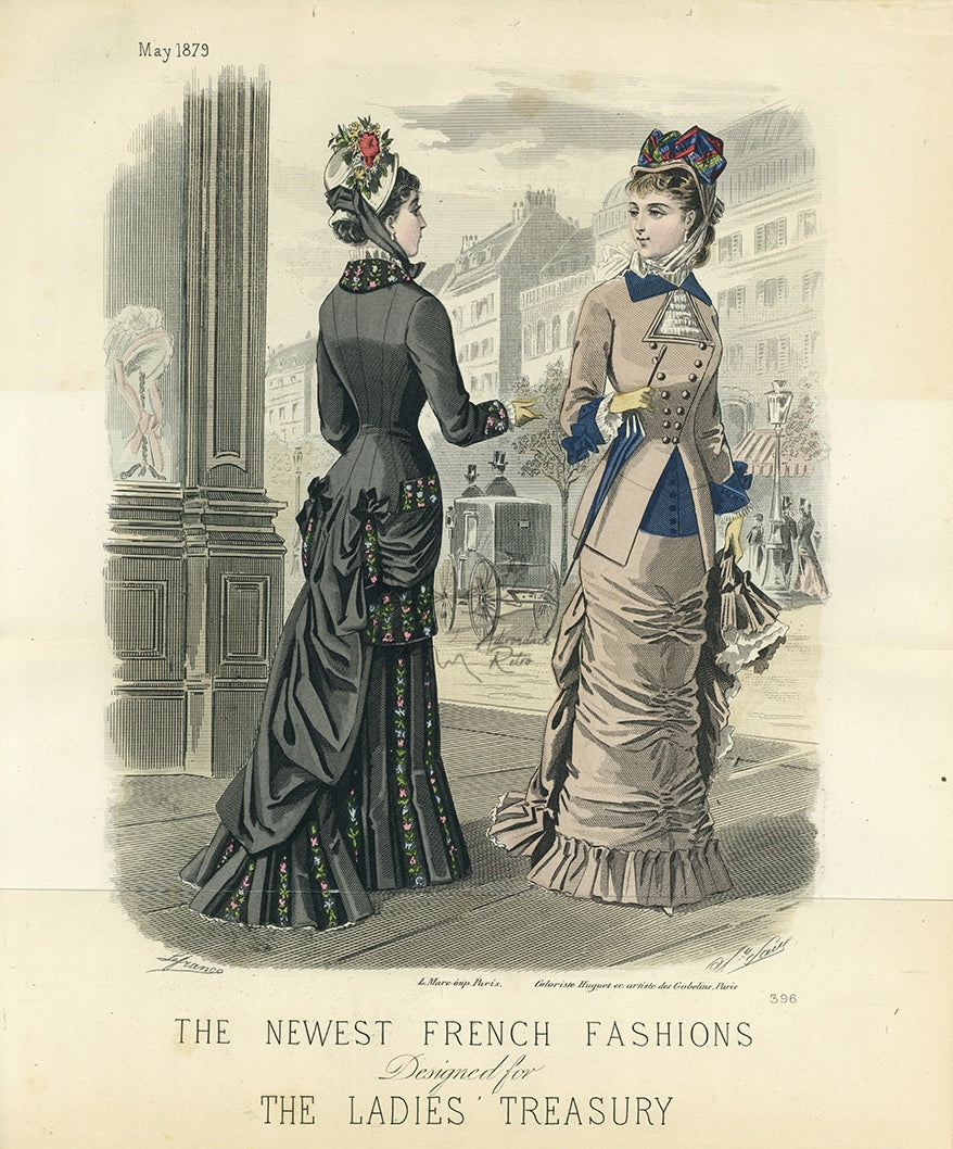 The Newest French Fashions May 1879 Antique Ladies&#39; Treasury Print - Hand-Coloured Illustration