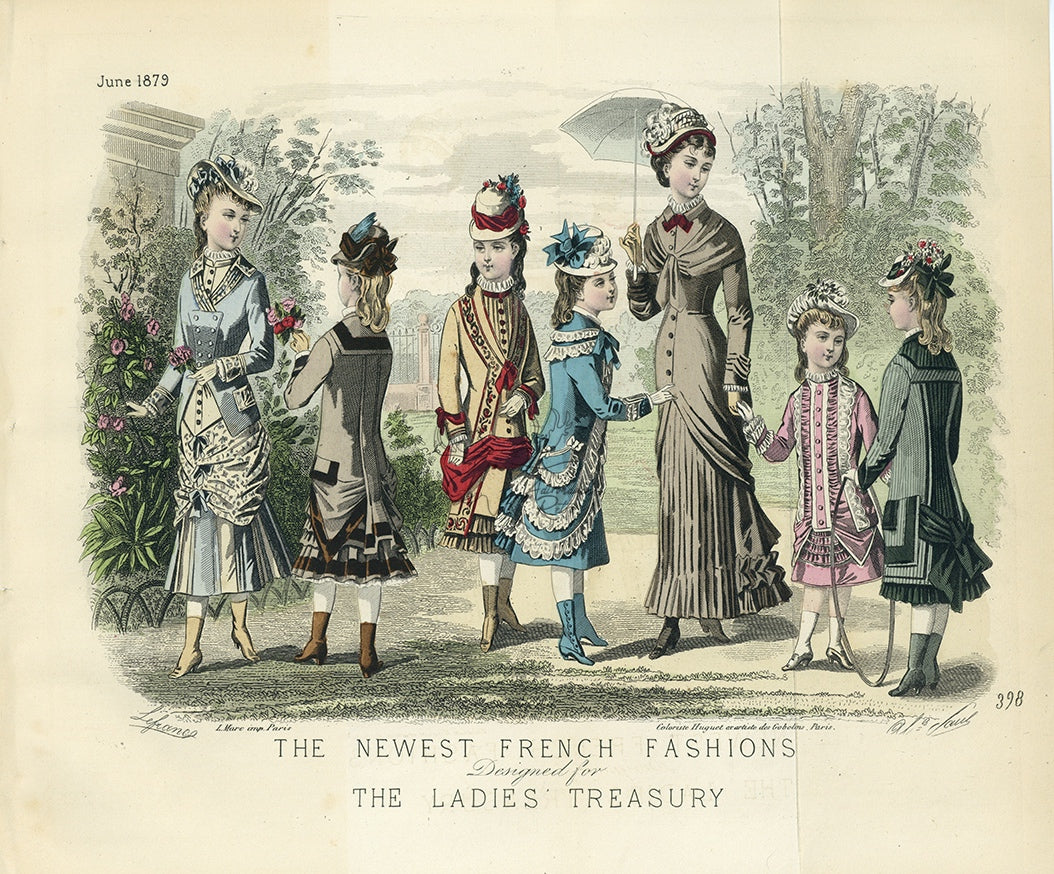 The Newest French Fashions June 1879 Antique Ladies&#39; Treasury Print - Hand-Coloured Illustration