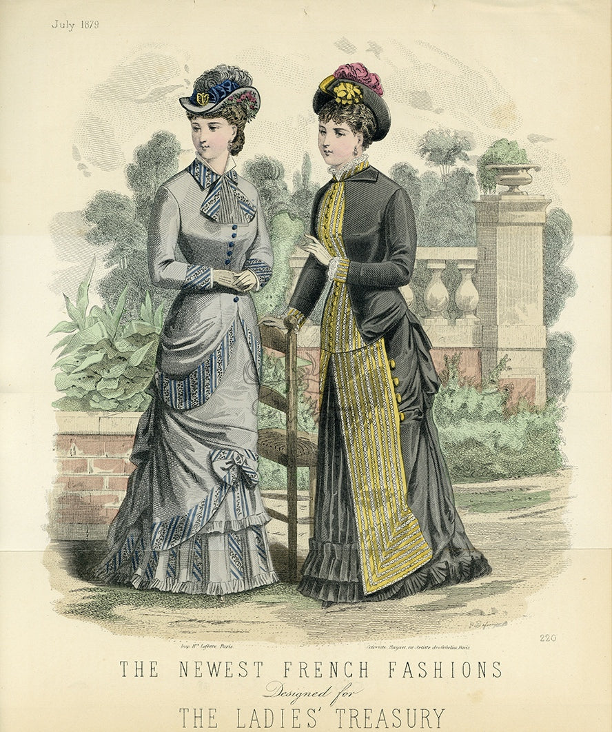The Newest French Fashions July 1879 Antique Ladies&#39; Treasury Print - Hand-Coloured Illustration