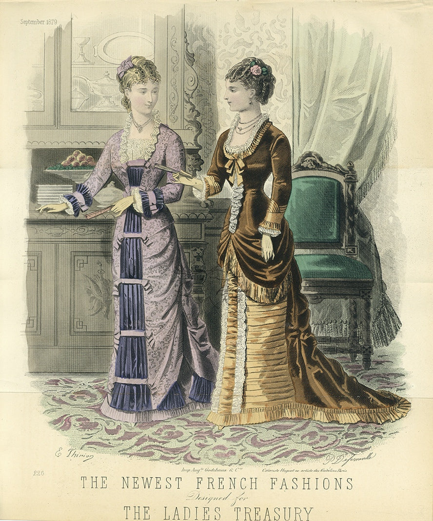 The Newest French Fashions September 1879 Antique Ladies&#39; Treasury Print - Hand-Coloured Illustration