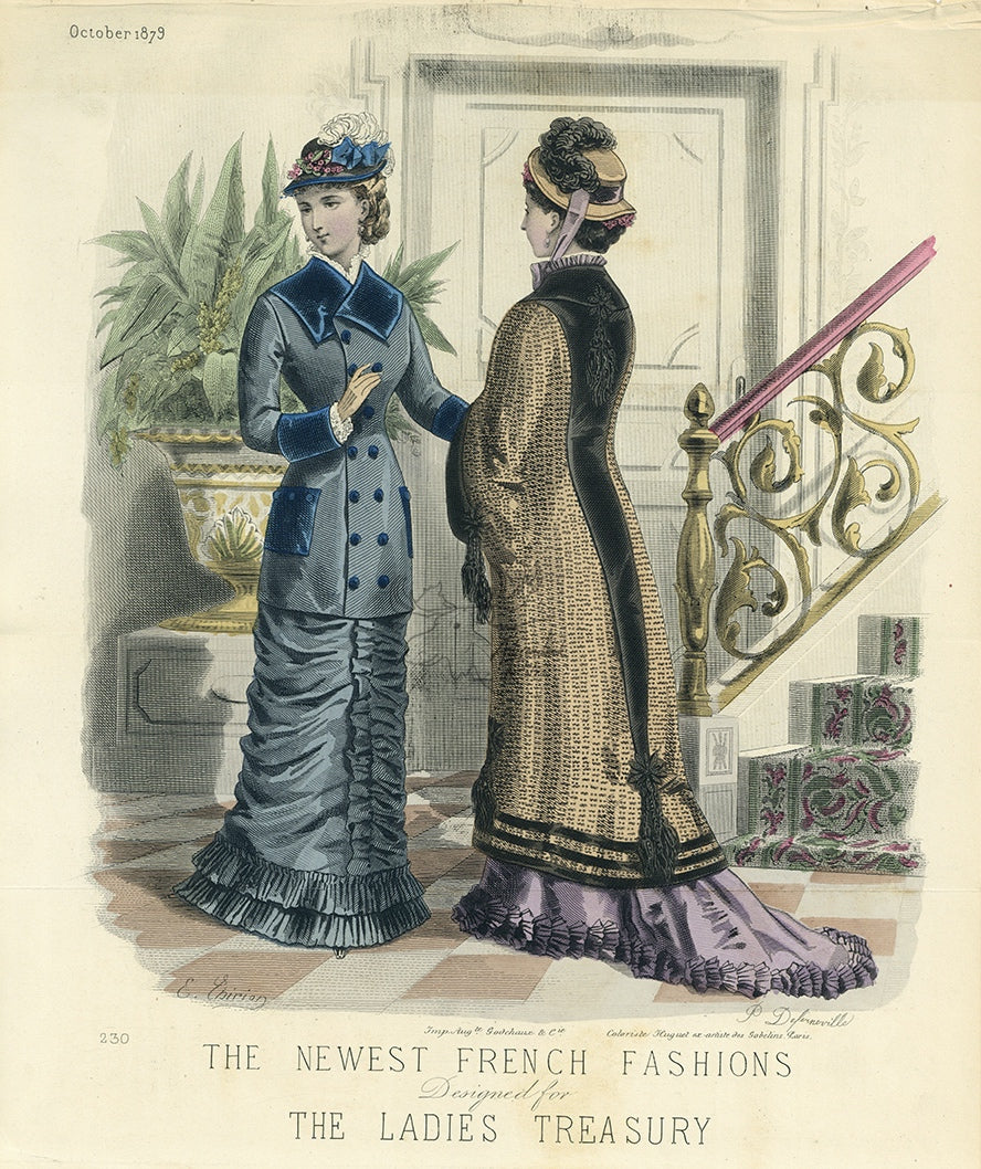 The Newest French Fashions October 1879 Antique Ladies&#39; Treasury Print - Hand-Coloured Illustration