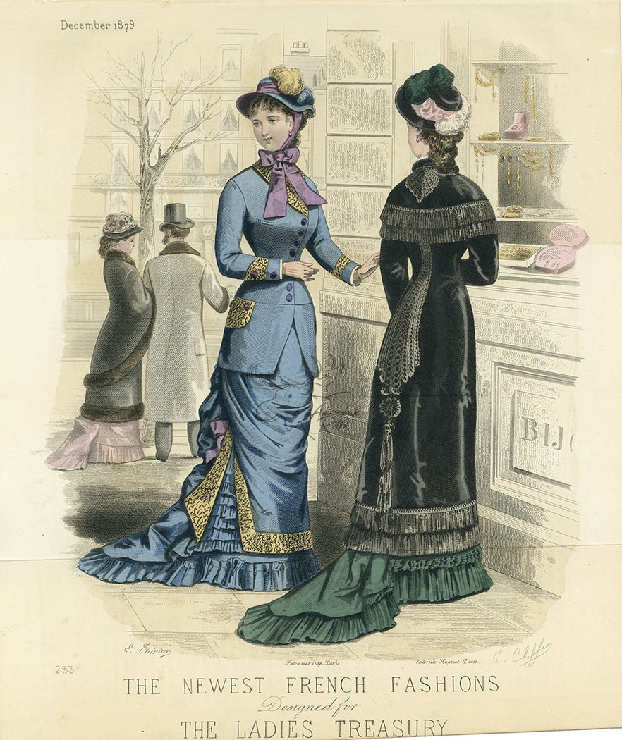 The Newest French Fashions December 1879 Antique Ladies&#39; Treasury Print - Hand-Coloured Illustration