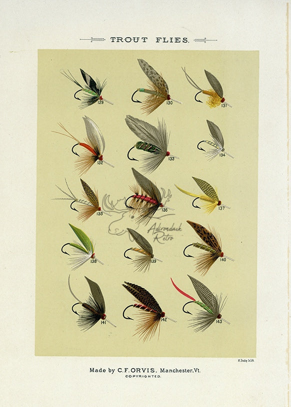 1892 Trout Flies Plate P - Antique Mary Orvis Marbury Fly Fishing Print