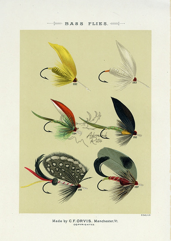 1892 Bass Flies Plate EE - Antique Mary Orvis Marbury Fly Fishing Print