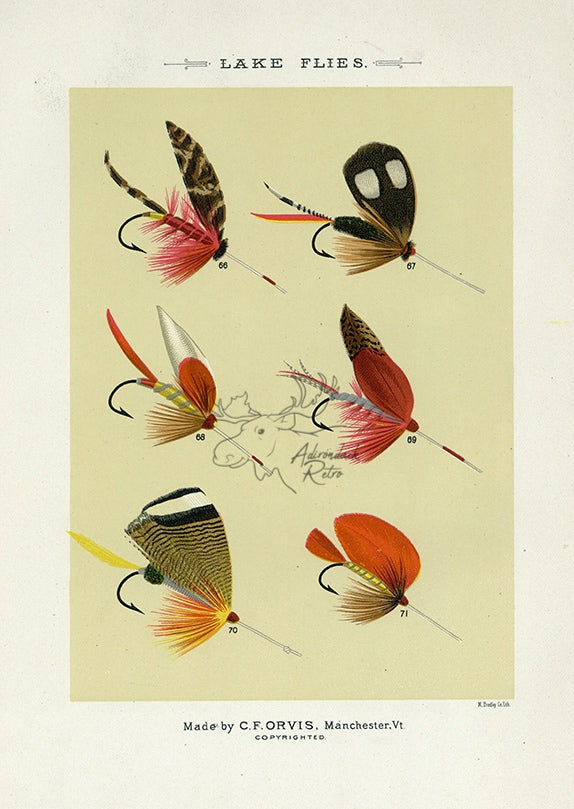 1892 Lake Flies Plate J - Antique Mary Orvis Marbury Fly Fishing Print