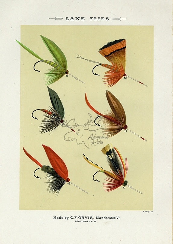 1892 Lake Flies Plate F - Antique Mary Orvis Marbury Fly Fishing Print