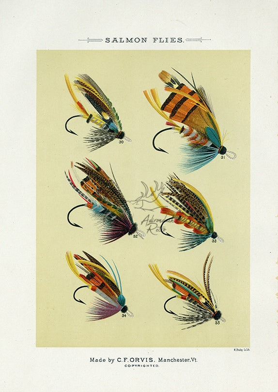 1892 Salmon Flies Plate D - Antique Mary Orvis Marbury Fly Fishing Print