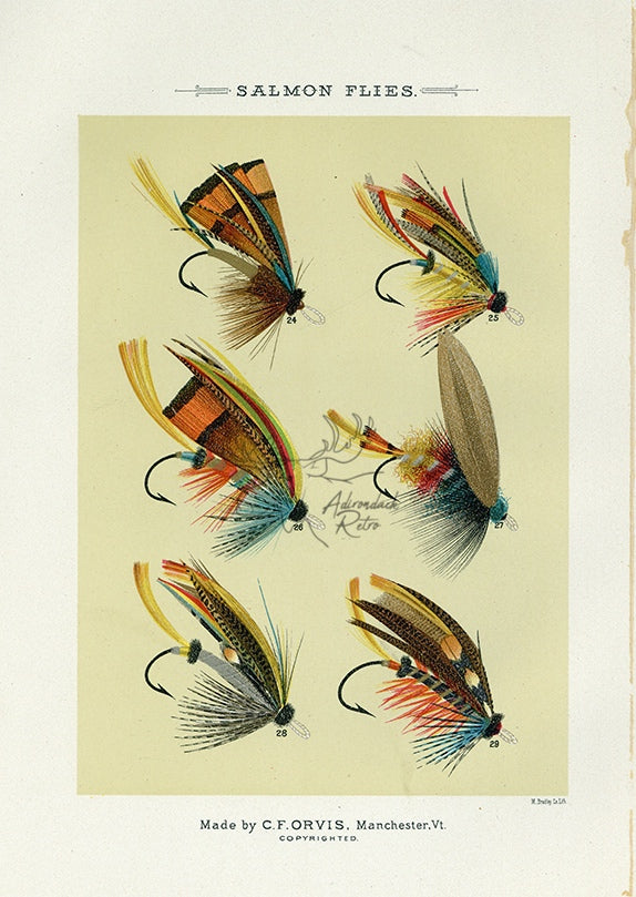 1892 Salmon Flies Plate C - Antique Mary Orvis Marbury Fly Fishing Print