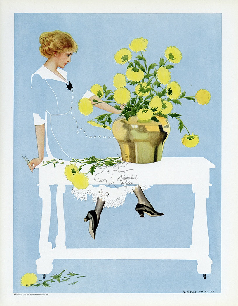 1912 Coles Phillips Fadeaway Girl Antique Print - Pruning The Bouquet