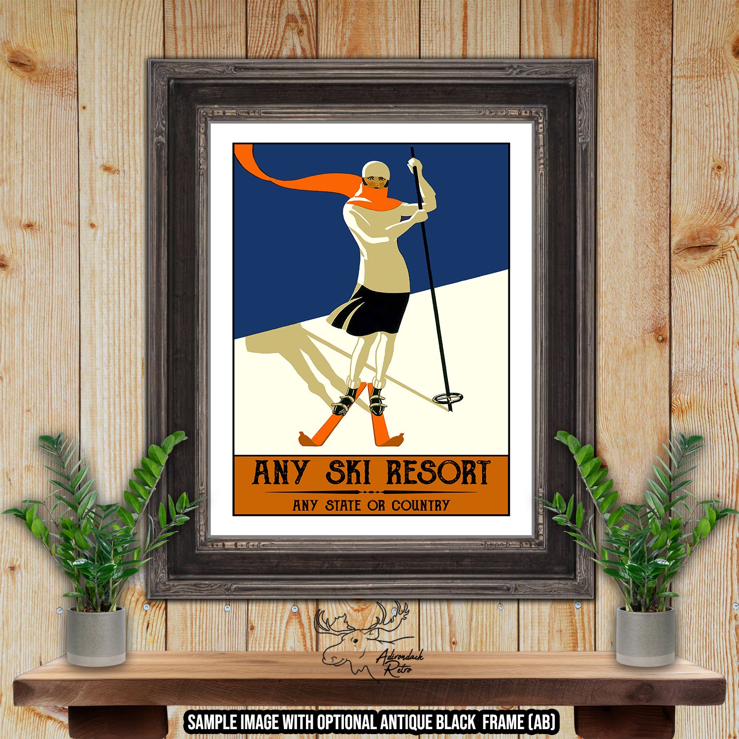 a framed poster of a skier on a ski resort