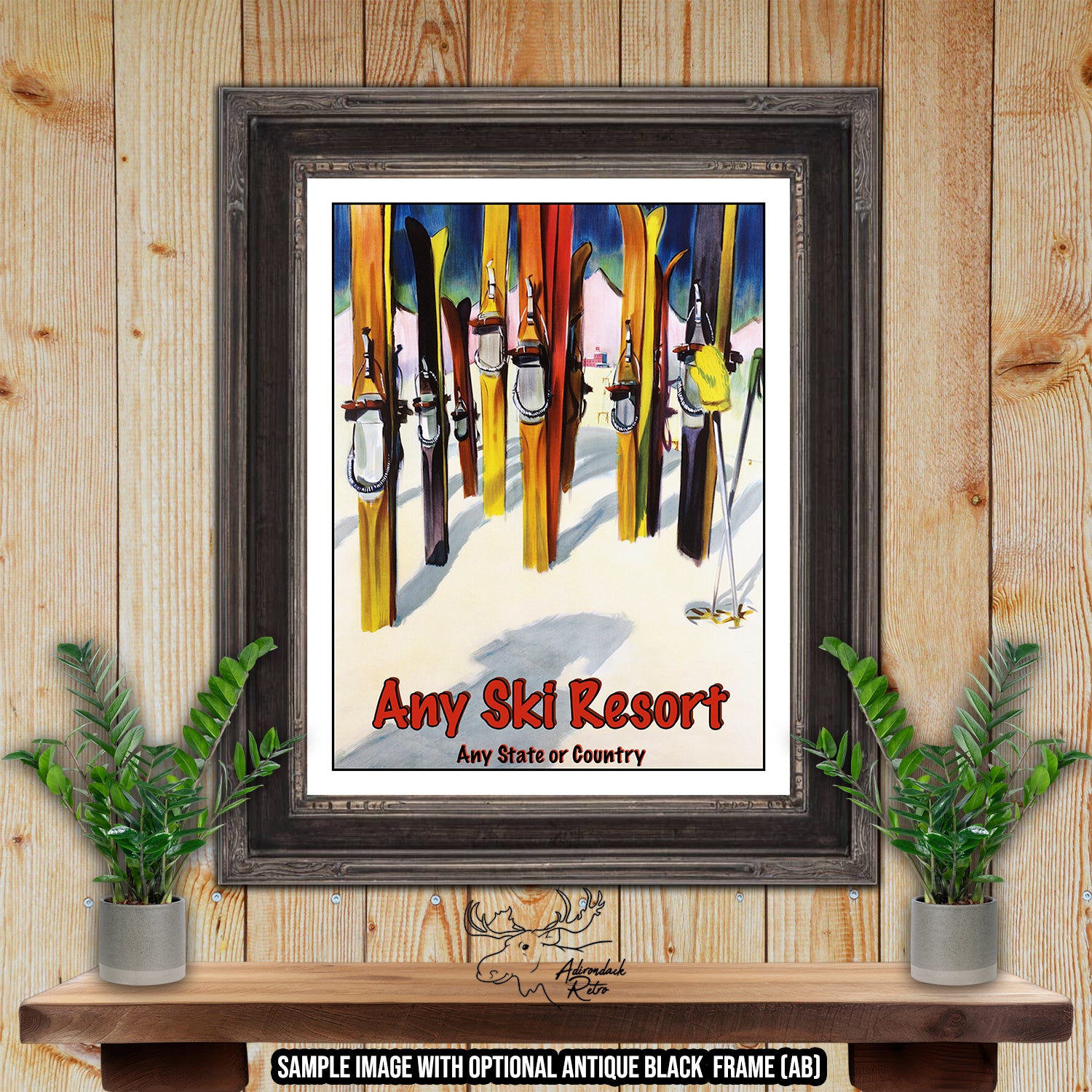 a painting of skis hanging on a wall