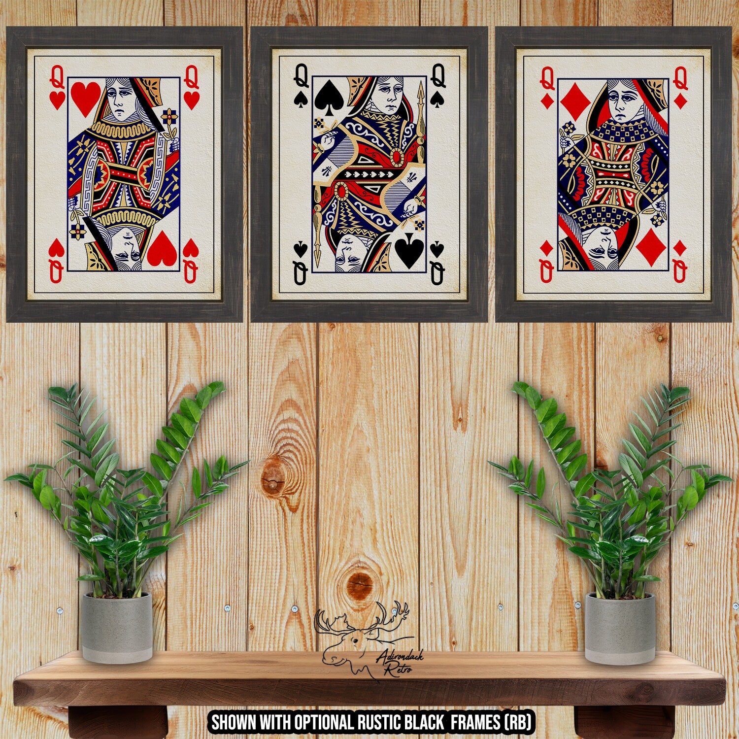 Queen of Hearts Spades Diamonds Poker Card Print Set of 3 at Adirondack Retro
